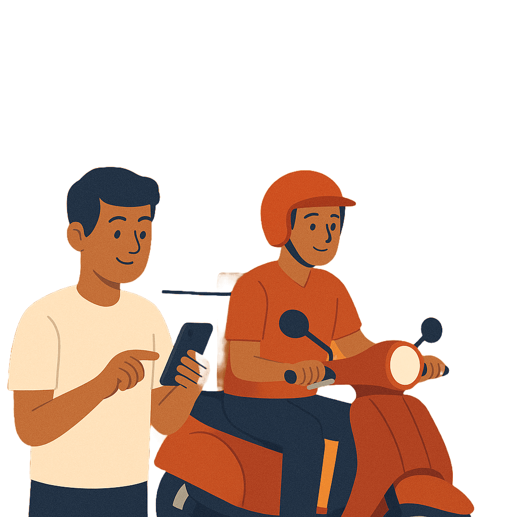 Illustration of food delivery service showing an app interface with food